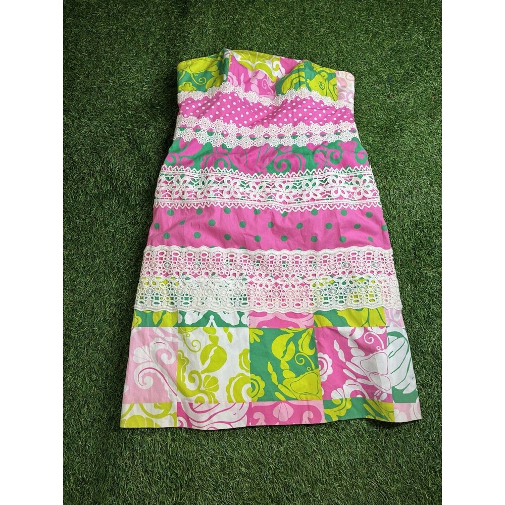 Lilly Pulitzer Strapless Patchwork Lace Sheath Dress Women’s Size 4 Pink Green